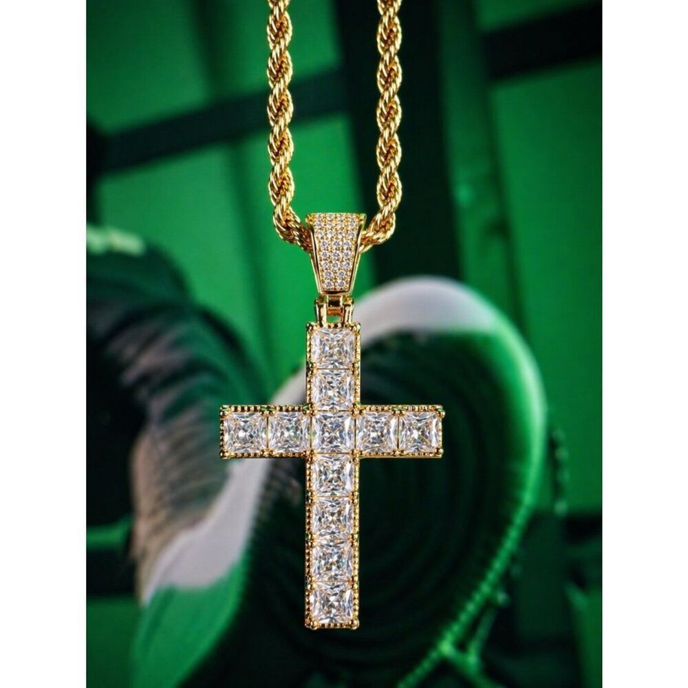 Gold Princess Cut Diamond Cross Necklace